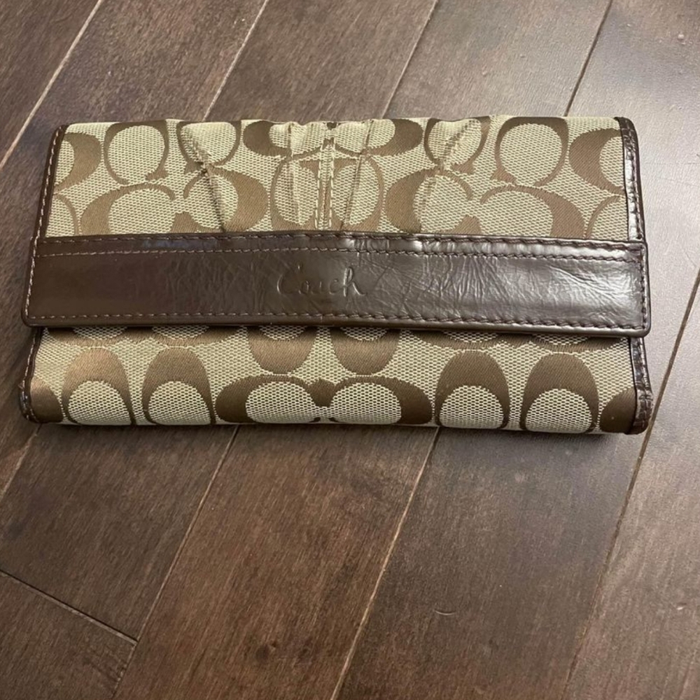 COACH Leather Signature Original CC Jacquard Long Checkbook Wallet Brown Beige